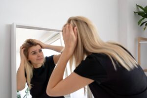 Una donna con espressione preoccupata sta esaminando attentamente i suoi capelli biondi nello specchio cercando segni di allergia alla tinta per capelli.