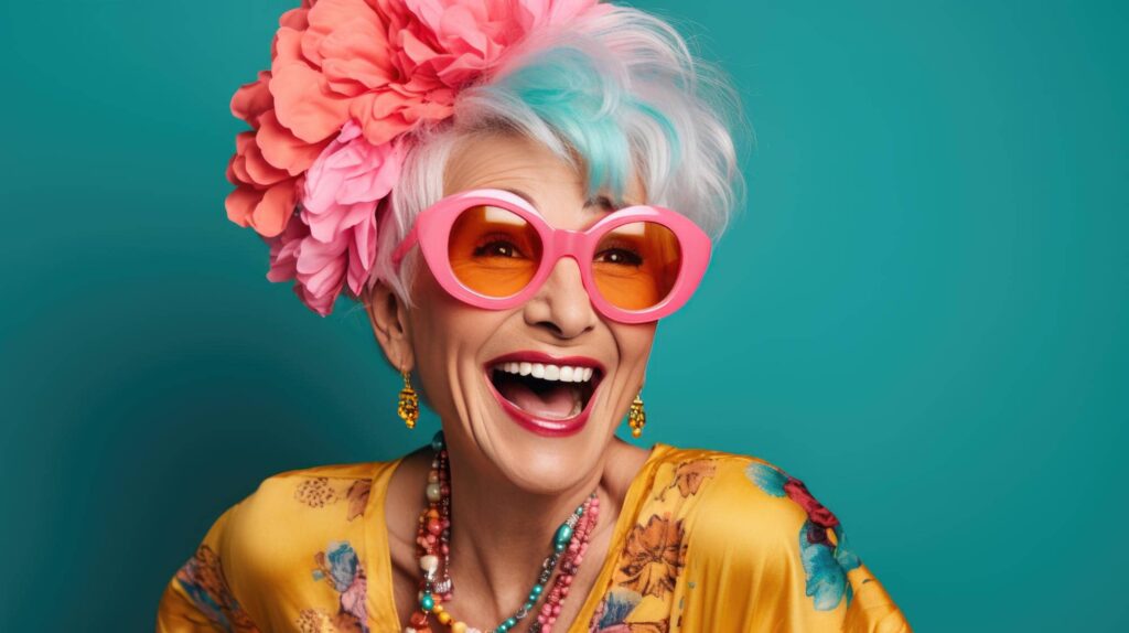 Gioiosa donna matura con una ciocca di capelli blu tra i capelli bianchi e dei fiori tra i capelli. Si tratta di una particolare scelta di colore di capelli anti-aging.