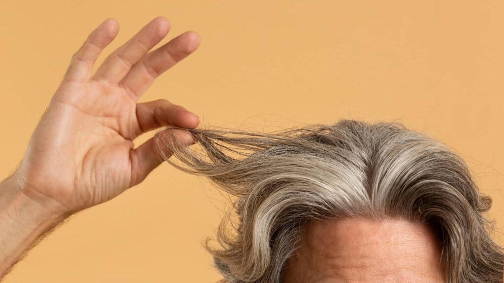 Parte superiore della testa di un uomo con capelli brizzolati di media lunghezza e una mano che tiene sollevata una ciocca di capelli secchi. Probabilmente l’uomo sta valutando l’utilizzo di metodi naturali per idratare i capelli secchi.