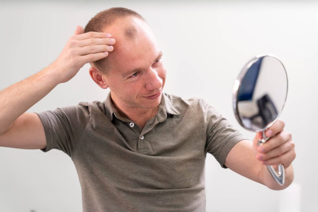 Uomo con un principio di calvizie che guarda il suo riflesso su uno specchio palmare e si accarezza la pelle nuda sulla testa, probabilmente pensando a quale taglio di capelli da uomo potrebbe riuscire a nascondere l’alopecia.