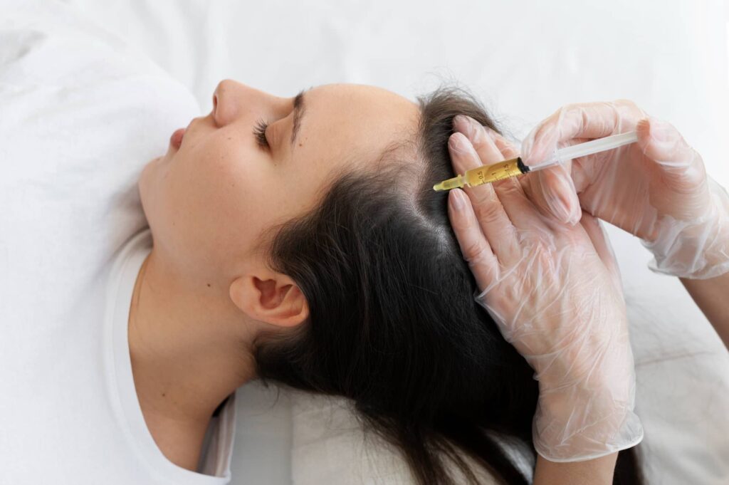 Foto della mani di un professionista che utilizza una siringa per il trattamento botox per capelli sulla cute di una paziente dai lisci capelli scuri.