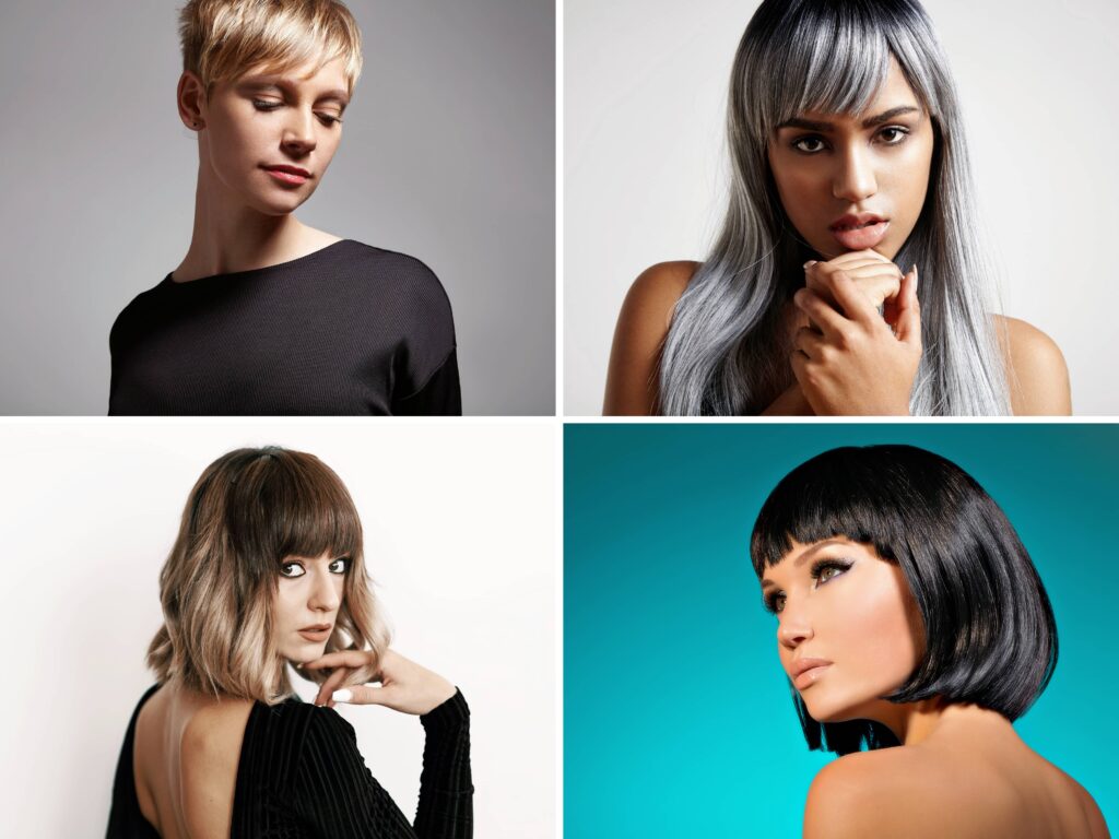 Collage di quattro foto. In alto a sinistra troviamo una donna con i capelli biondi in un pixie cut; in alto a destra una ragazza con lunghi capelli lisci tinti di grigio; in basso a sinistra una donna con capelli lunghi fino alle spalle che sfumano dal castano al biondo; in basso a destra una ragazza con i capelli neri acconciati in un bob cut. Si tratta di quattro tendenze capelli per il 2024.